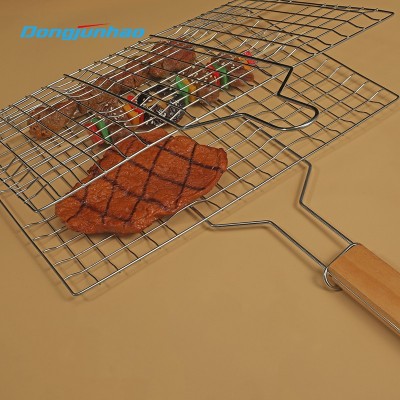 Barbecue grill net with wood handle wire basket portable cooking fish meat tools for outdoor picnic图3