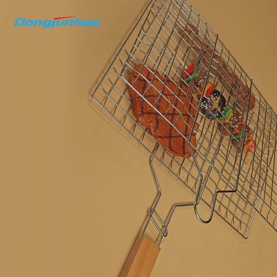 Barbecue grill net with wood handle wire basket portable cooking fish meat tools for outdoor picnic图2