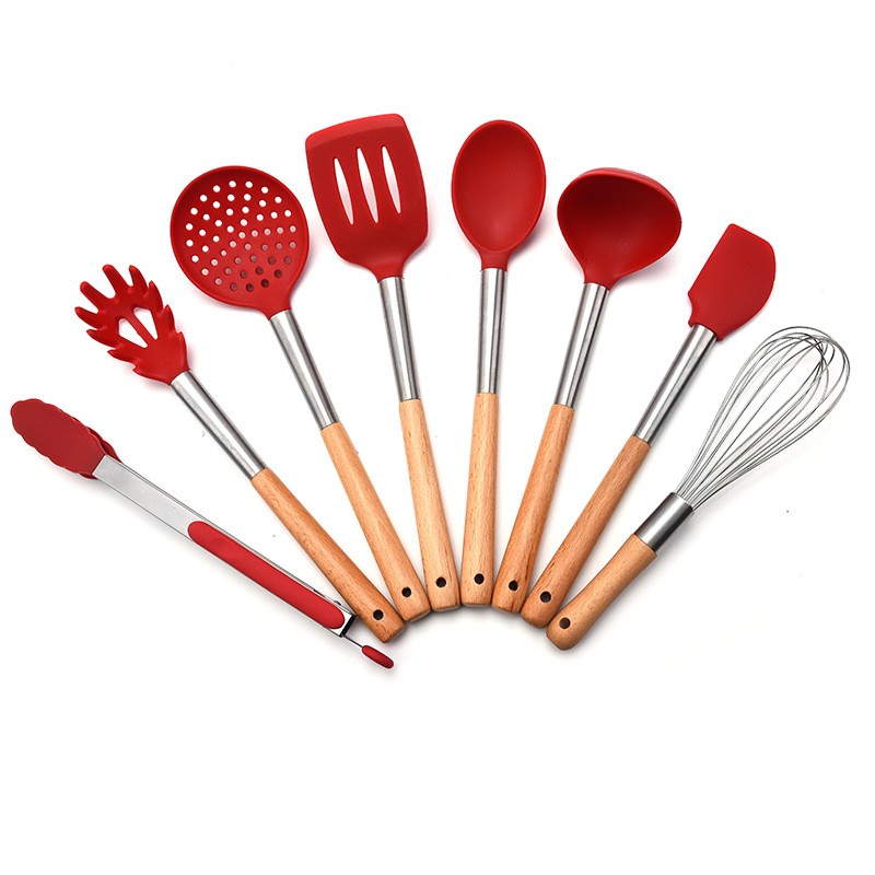 Silicone cookware 8 sets cooking tools wooden handle spatula set household kitchen utensils图2