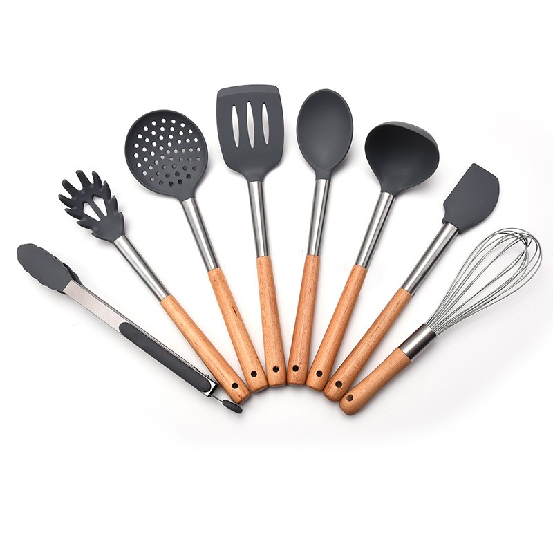 Silicone cookware 8 sets cooking tools wooden handle spatula set household kitchen utensils图3