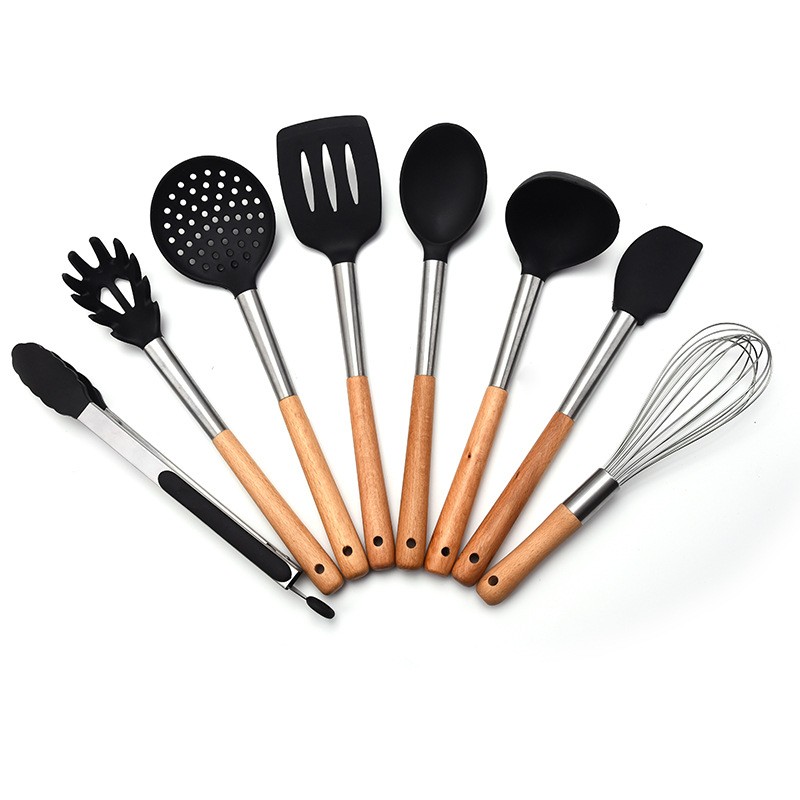 Silicone cookware 8 sets cooking tools wooden handle spatula set household kitchen utensils图4