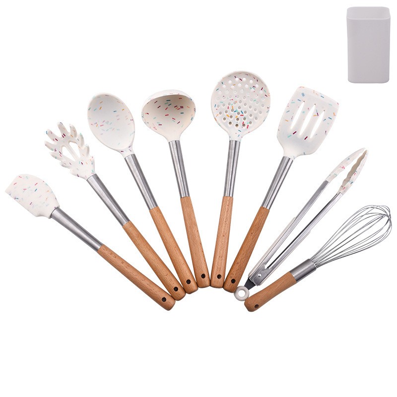 Silicone cookware 8 sets cooking tools wooden handle spatula set household kitchen utensils图5