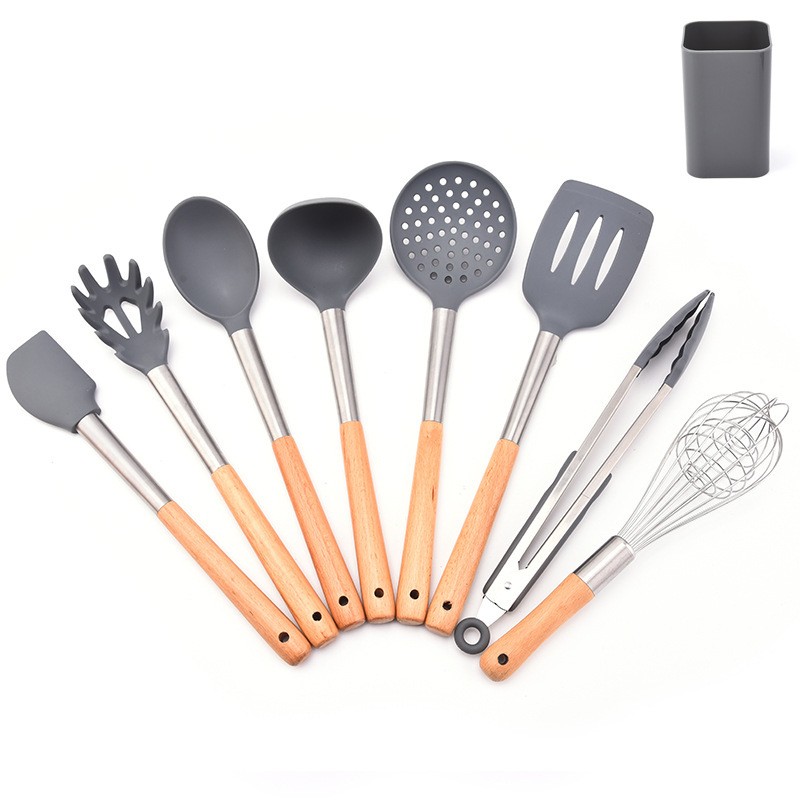 Silicone cookware 8 sets cooking tools wooden handle spatula set household kitchen utensils图6