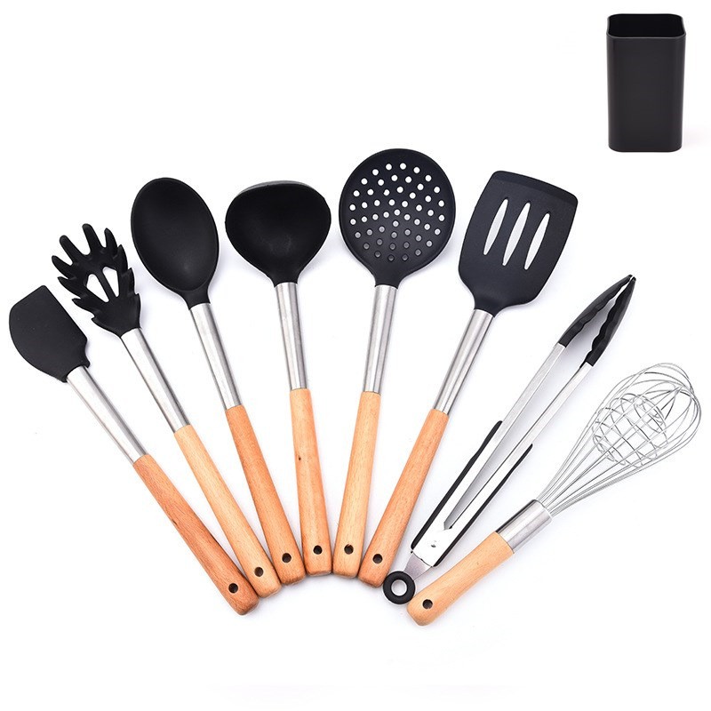 Silicone cookware 8 sets cooking tools wooden handle spatula set household kitchen utensils图7