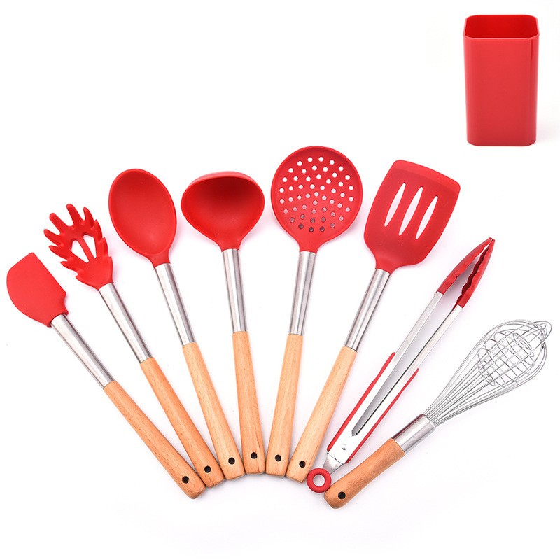 Silicone cookware 8 sets cooking tools wooden handle spatula set household kitchen utensils图8