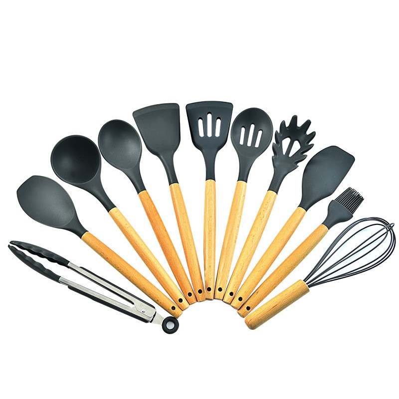 Wooden handle silicone kitchen utensil 11 sets of silicone shovel kitchen utensil kitchenware set图3