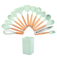 Beech handle silicone kitchen set 14 pieces with storage bucket cooking tools Household spoon spatul