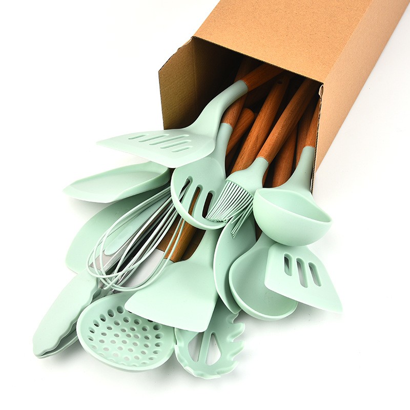 Beech handle silicone kitchen set 14 pieces with storage bucket cooking tools Household spoon spatul图2