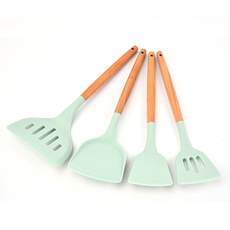 Beech handle silicone kitchen set 14 pieces with storage bucket cooking tools Household spoon spatul图3