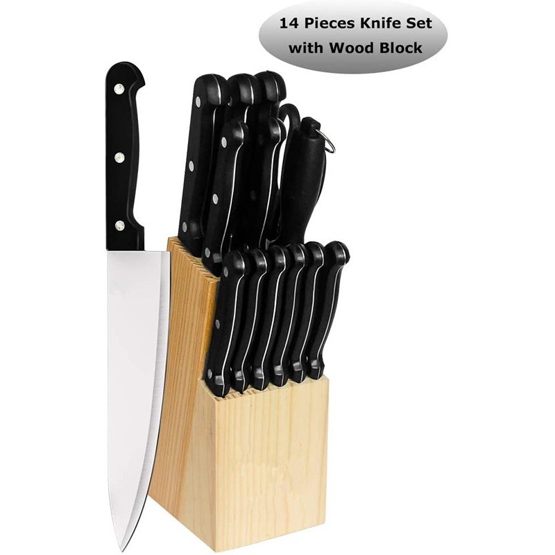 14pcs Stainless steel Kitchen Knife set PP Plastic handle wooden block knife set图2