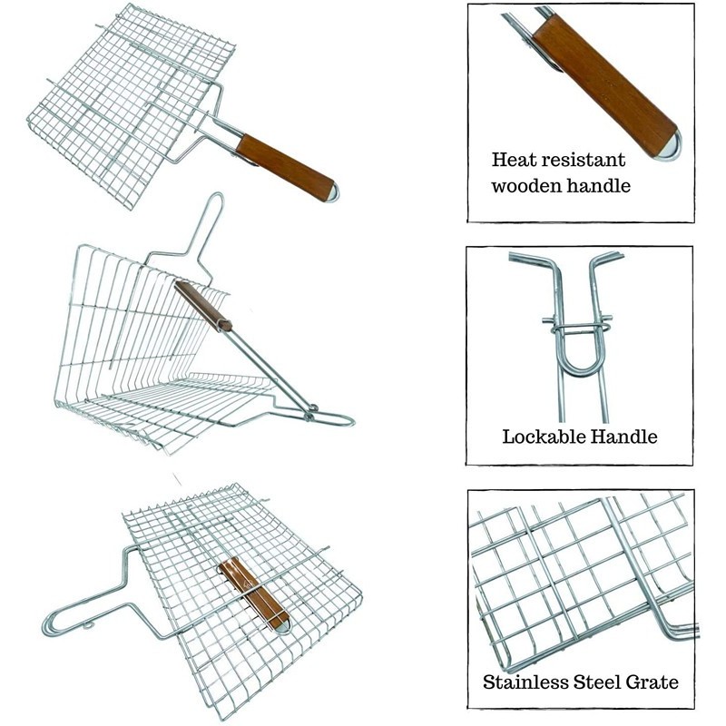 Portable BBQ Grilling Basket Stainless steel with wooden handle图3