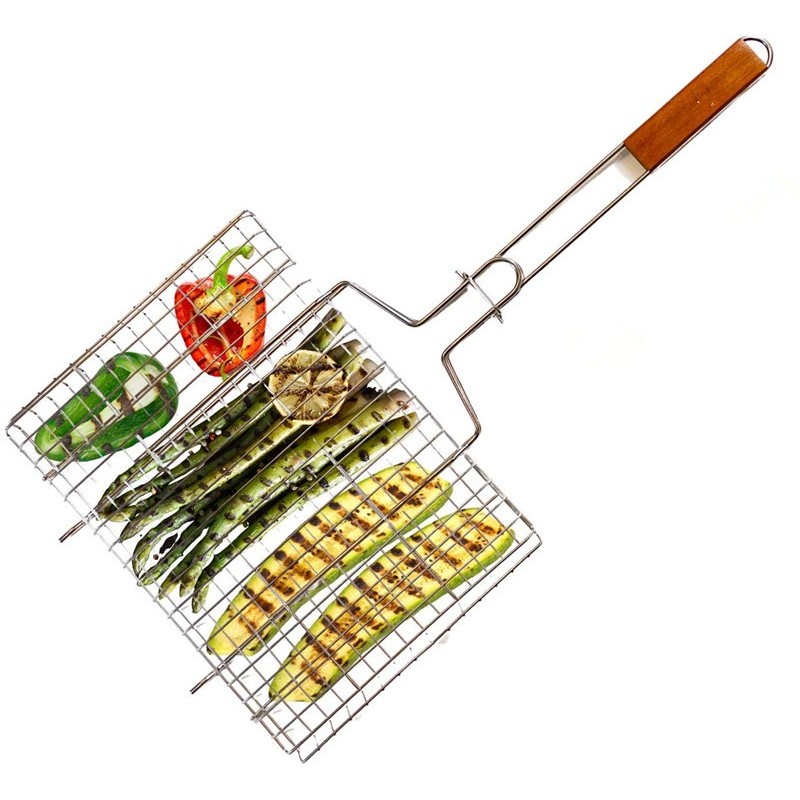 Portable BBQ Grilling Basket Stainless steel with wooden handle图2