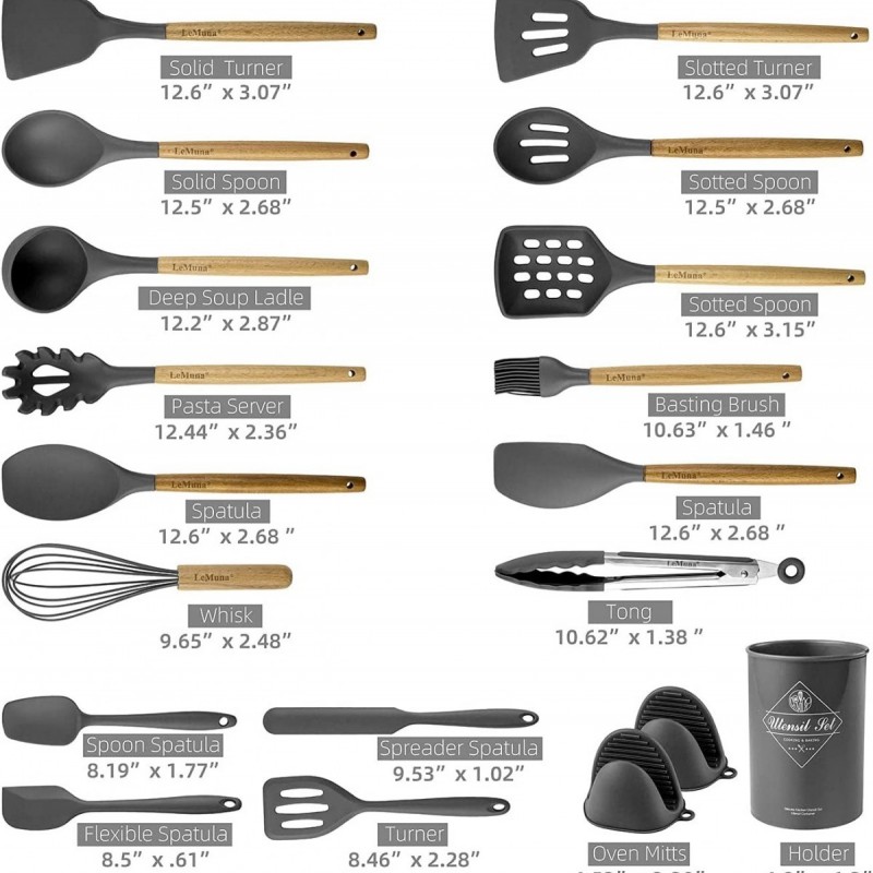 18pcs Silicone Kitchen Utensils Set, Kitchen Cooking Utensils Set with Holder, Wooden Handle Silicon图2