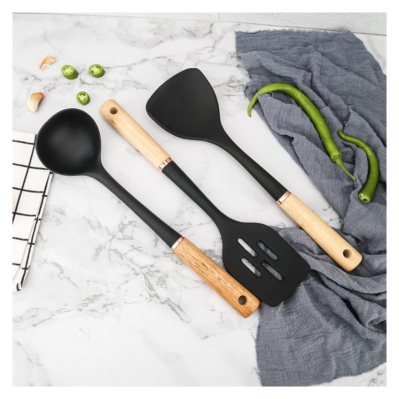 8Pcs Black Non-stick Silicone Cooking Kitchen Utensils Spatula Set With Wooden Handle Kitchen Gadget图3