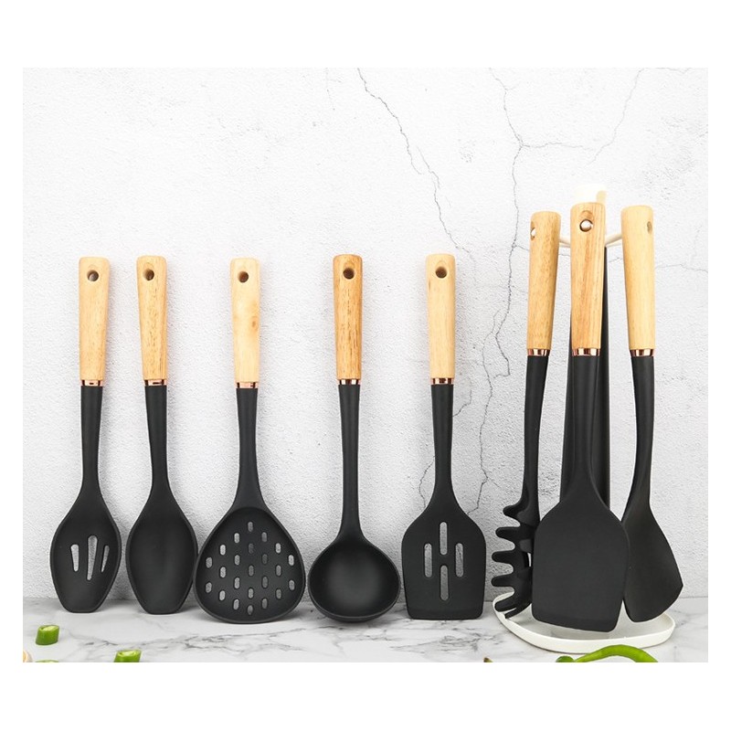 8Pcs Black Non-stick Silicone Cooking Kitchen Utensils Spatula Set With Wooden Handle Kitchen Gadget图2