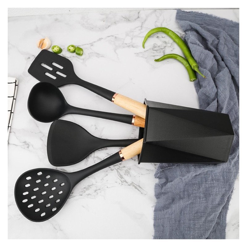 8Pcs Black Non-stick Silicone Cooking Kitchen Utensils Spatula Set With Wooden Handle Kitchen Gadget图4