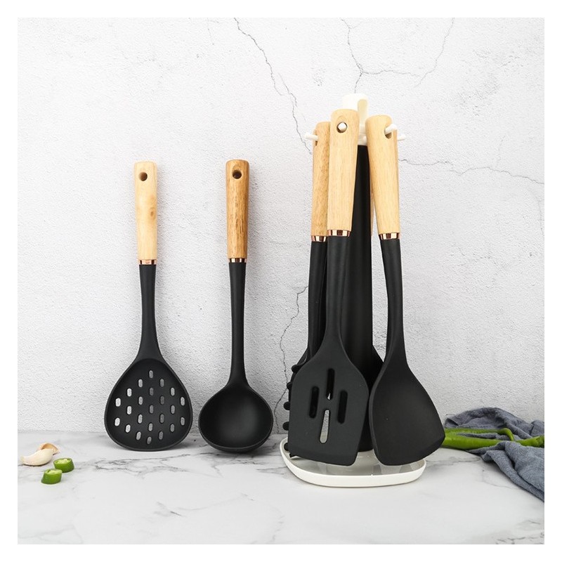 8Pcs Black Non-stick Silicone Cooking Kitchen Utensils Spatula Set With Wooden Handle Kitchen Gadget图6