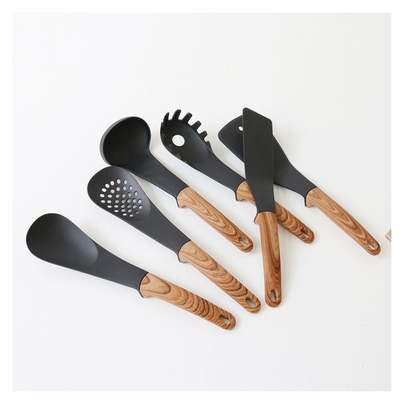 High Quality 6pcs Nylon Kitchen Non Stick Cooking Utensils Set With Wood Pattern Handle图5