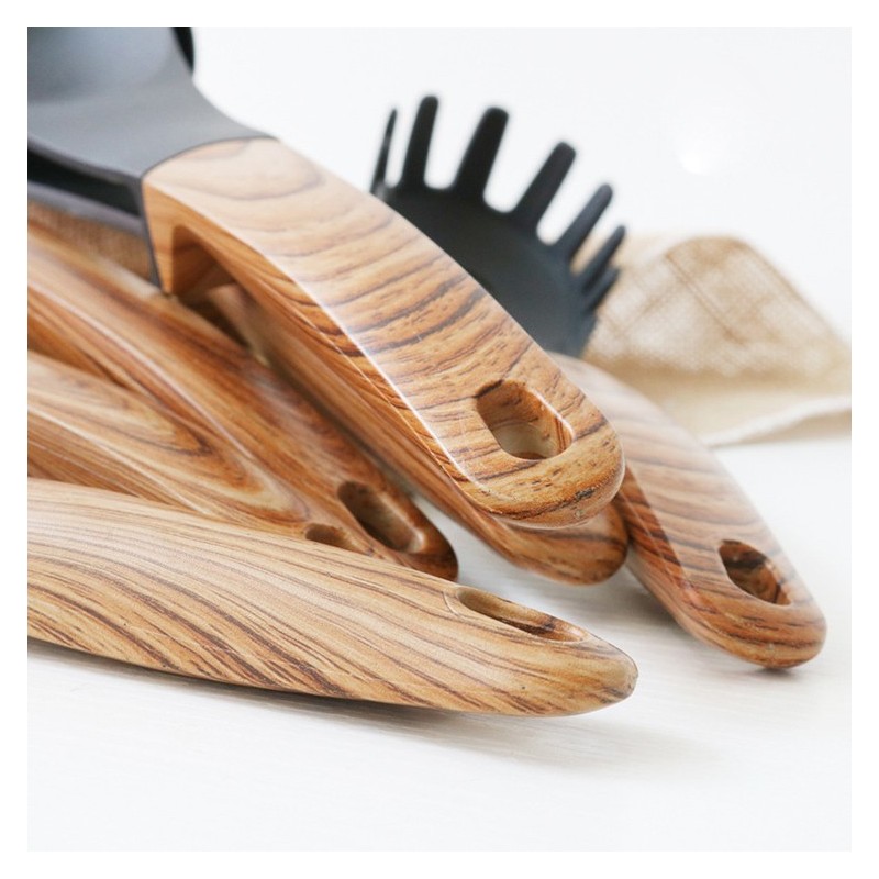 High Quality 6pcs Nylon Kitchen Non Stick Cooking Utensils Set With Wood Pattern Handle图4