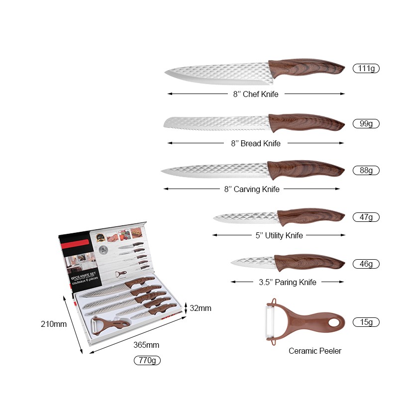 Boda Stainless Steel Knife Set 6PCS Kitchen Knife with Wood Pattern Handle图7