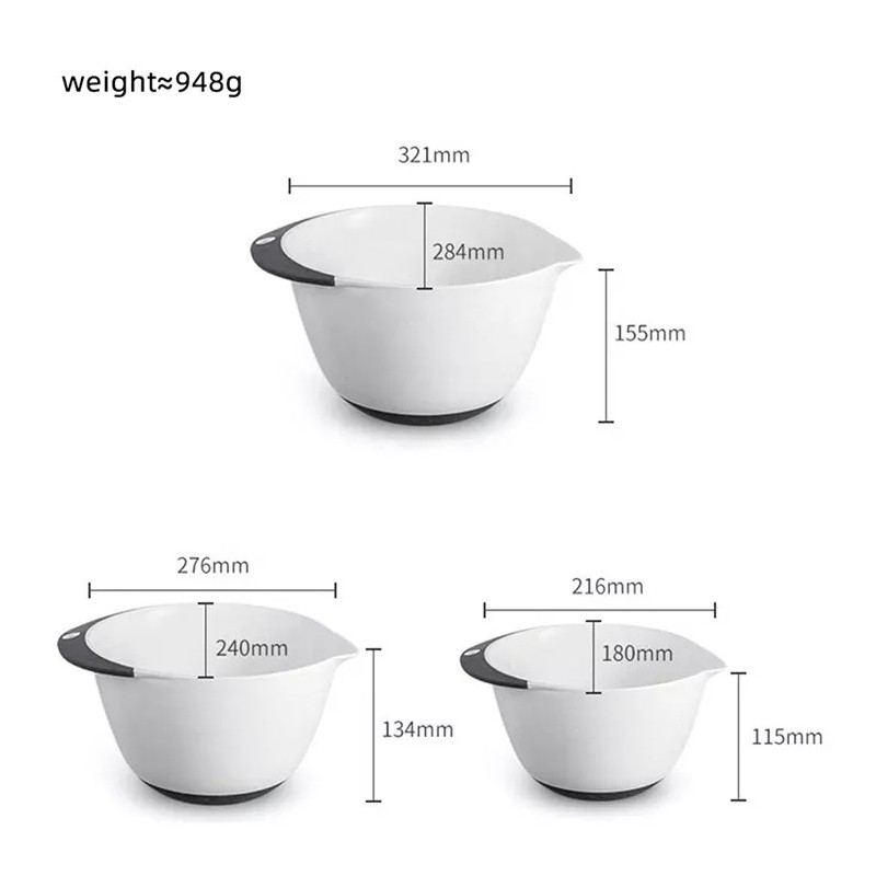 3 Piece Plastic Mixing Bowl Set - Nesting Mixing Bowls With Rubber Grip Handles Easy Pour Spout And图6