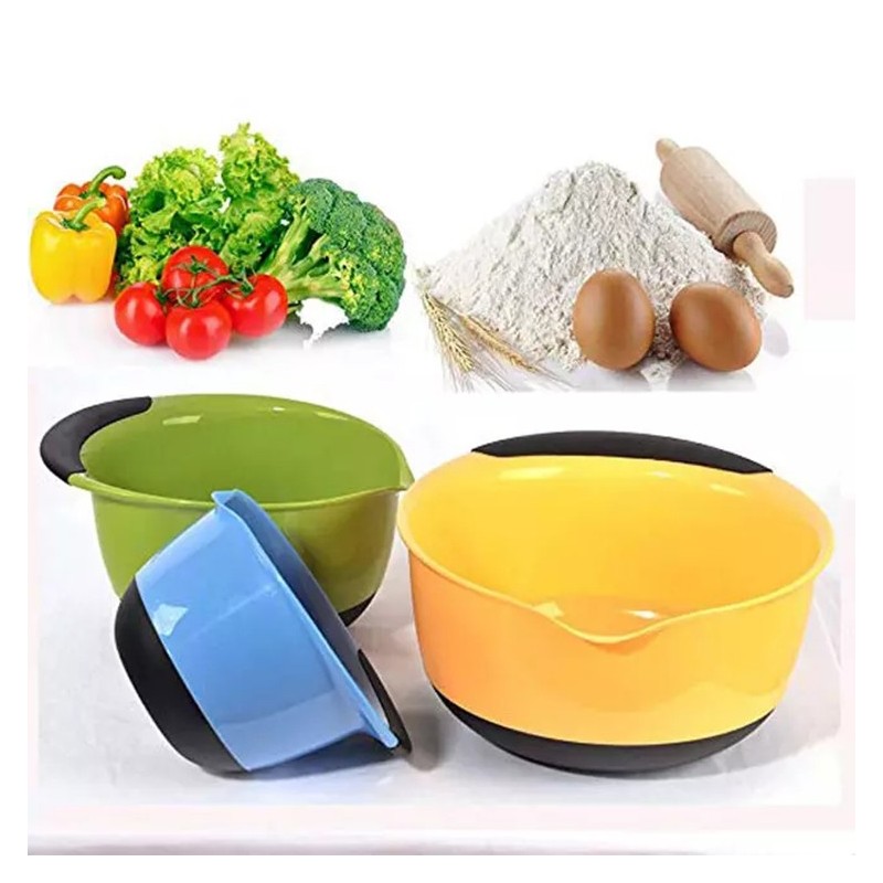 3 Piece 1.4L 2.8L 4.7L Nesting Mixing Bowls with Rubber Grip Handles Non Slip Bottom Plastic Baking图4