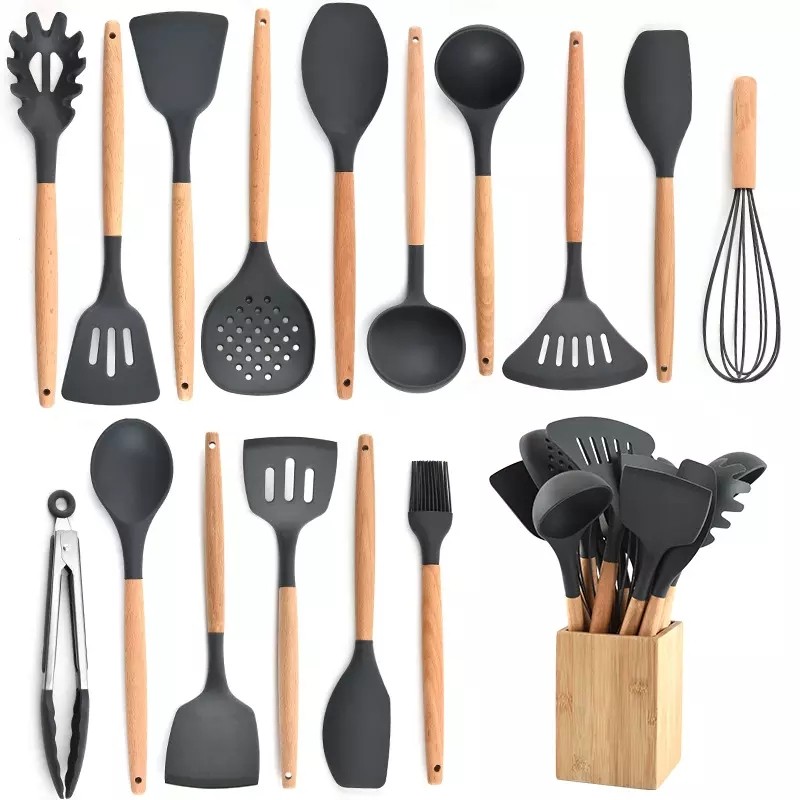 Food grade 17pieces non-stick silicone kitchen utensils set kitchen cooking tools with wooden handle图2