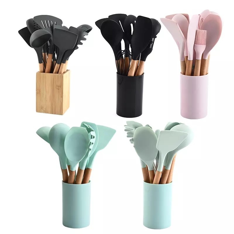 Food grade 17pieces non-stick silicone kitchen utensils set kitchen cooking tools with wooden handle图3