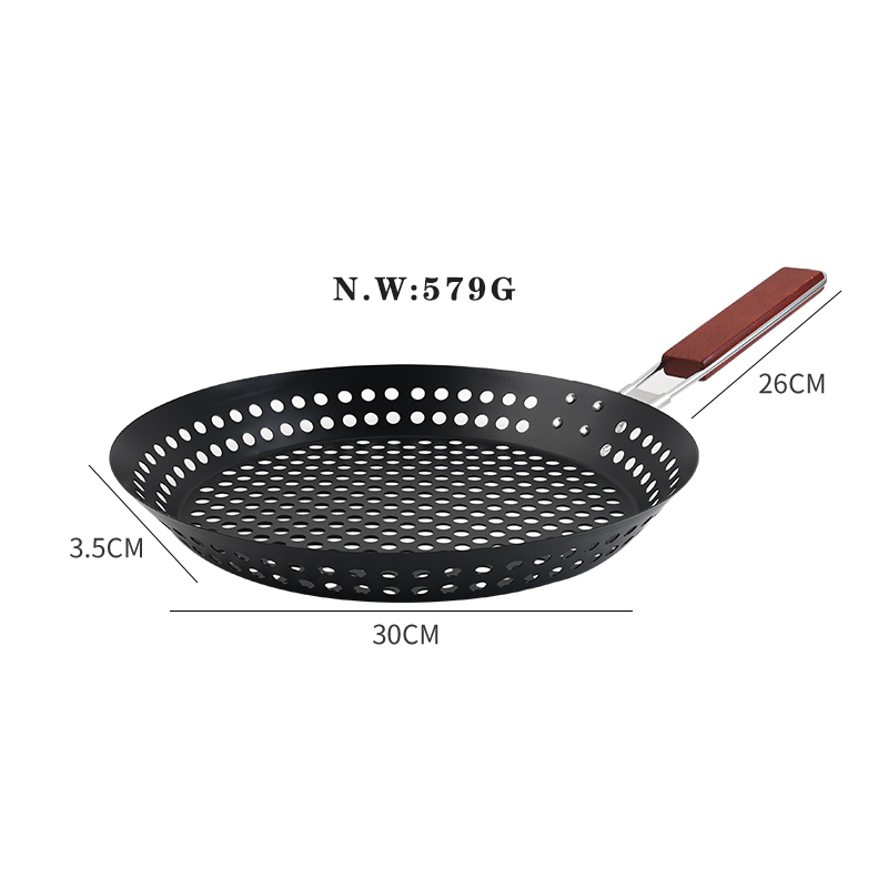 Folding Wooden Handle Round BBQ Pan Nonstick Paint Vegetable BBQ Basket BBQ Drainer BBQ Meat Pan BBQ图2