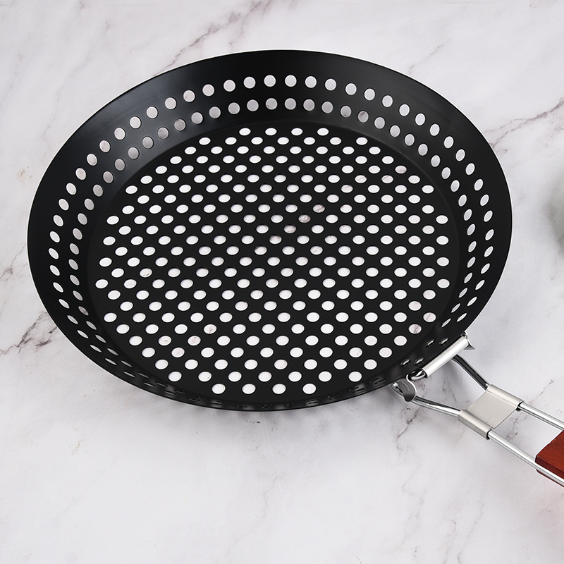 Folding Wooden Handle Round BBQ Pan Nonstick Paint Vegetable BBQ Basket BBQ Drainer BBQ Meat Pan BBQ图3