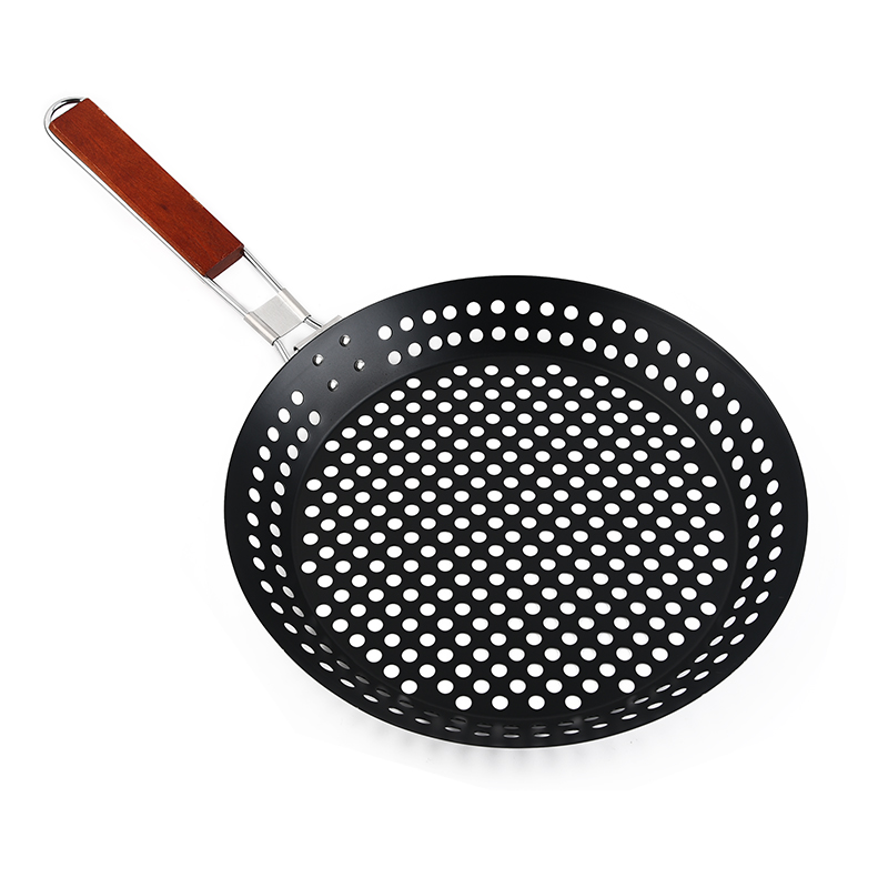 Folding Wooden Handle Round BBQ Pan Nonstick Paint Vegetable BBQ Basket BBQ Drainer BBQ Meat Pan BBQ图4