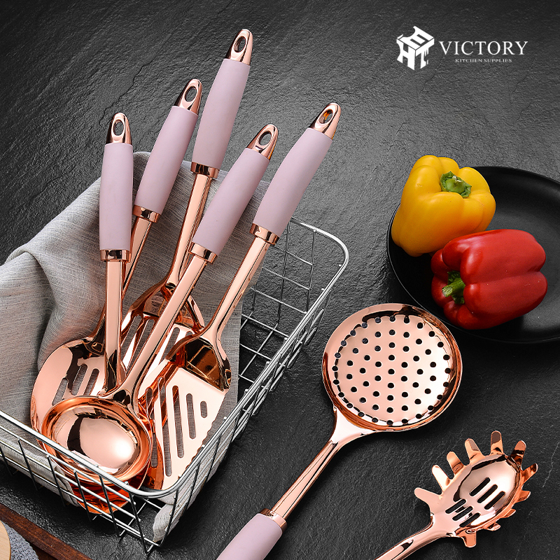 Amazon Hot Selling Non-stick Pan 7pcs Rose Gold Stainless Steel Handle Cooking Kitchen Utensil Set图2