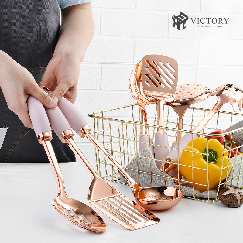 Amazon Hot Selling Non-stick Pan 7pcs Rose Gold Stainless Steel Handle Cooking Kitchen Utensil Set图3