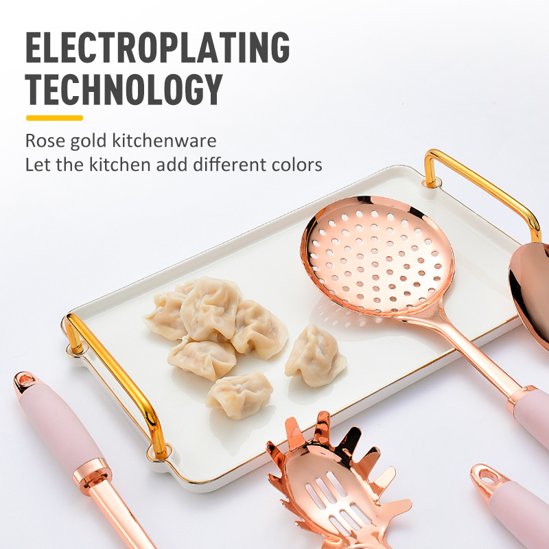 Amazon Hot Selling Non-stick Pan 7pcs Rose Gold Stainless Steel Handle Cooking Kitchen Utensil Set图5