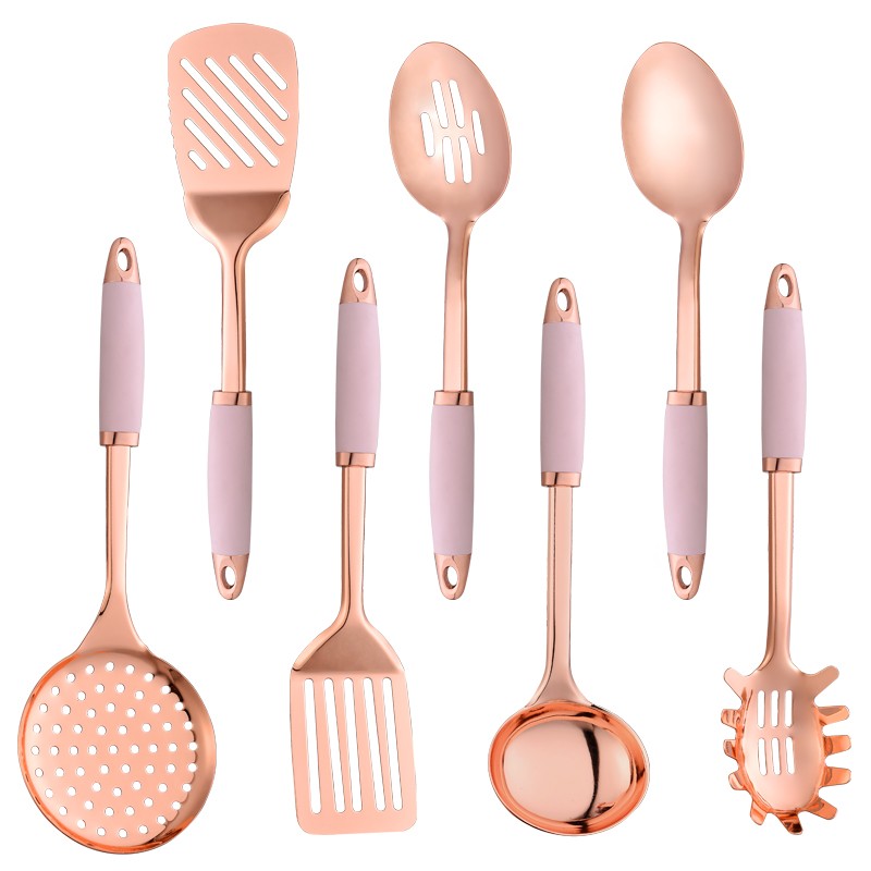 Amazon Hot Selling Non-stick Pan 7pcs Rose Gold Stainless Steel Handle Cooking Kitchen Utensil Set图7