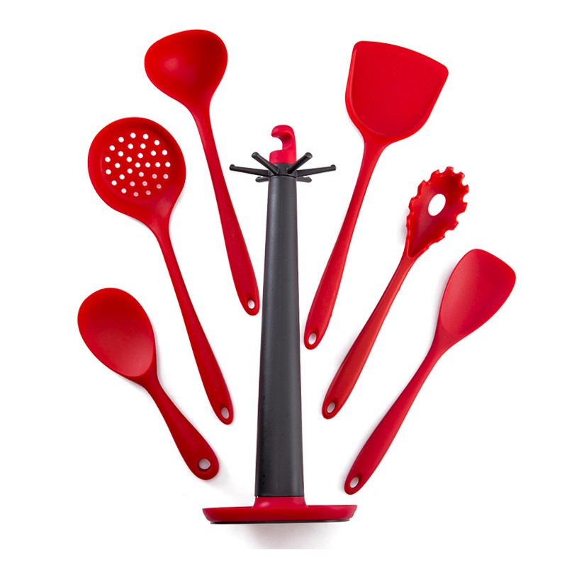 Hot Sale 6pcs Kitchen Accessories red silicone Kitchen Utensils With Holder图1