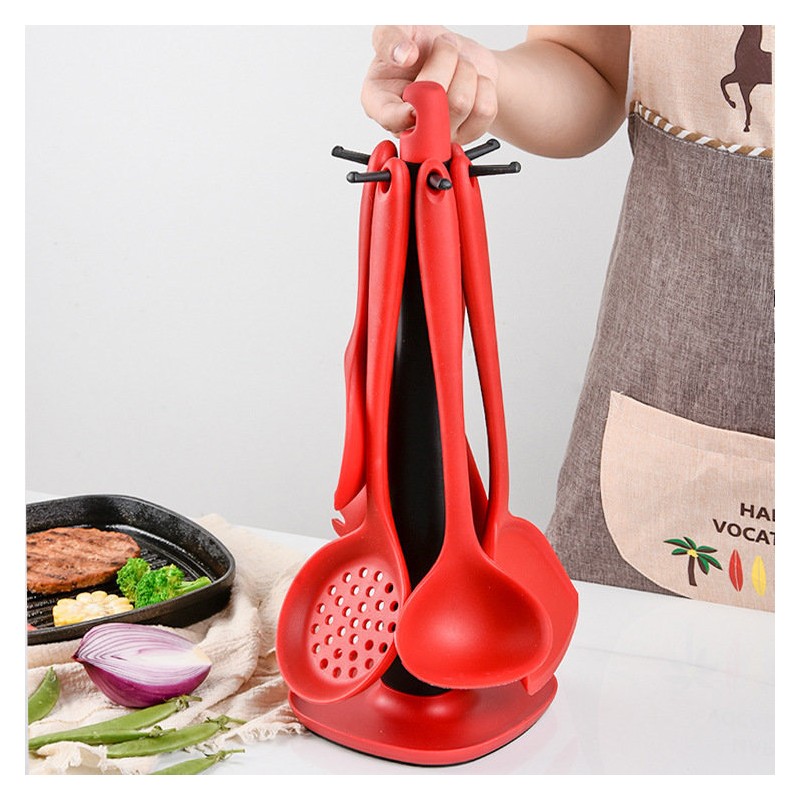 Hot Sale 6pcs Kitchen Accessories red silicone Kitchen Utensils With Holder图2