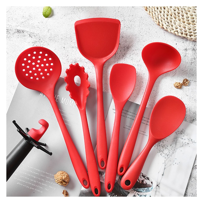 Hot Sale 6pcs Kitchen Accessories red silicone Kitchen Utensils With Holder图4