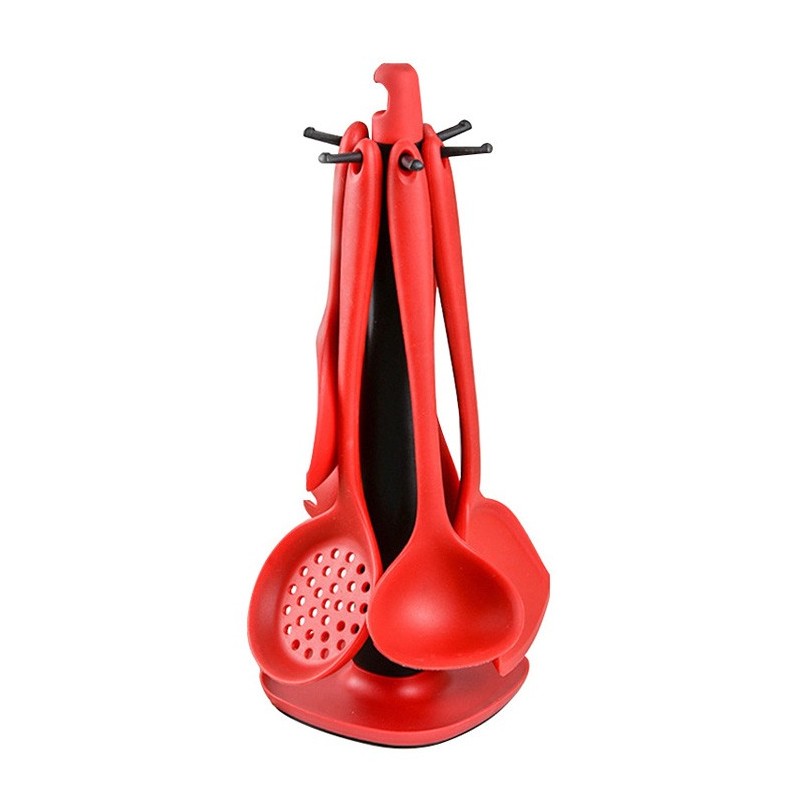 Hot Sale 6pcs Kitchen Accessories red silicone Kitchen Utensils With Holder图7