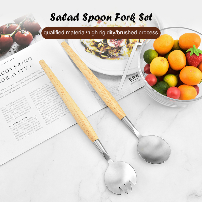 2PC-Pack Beech Wood Long Handle Salad Server Spoon Fork Matt Stainless Steel Tableware Salad Spoon F图2