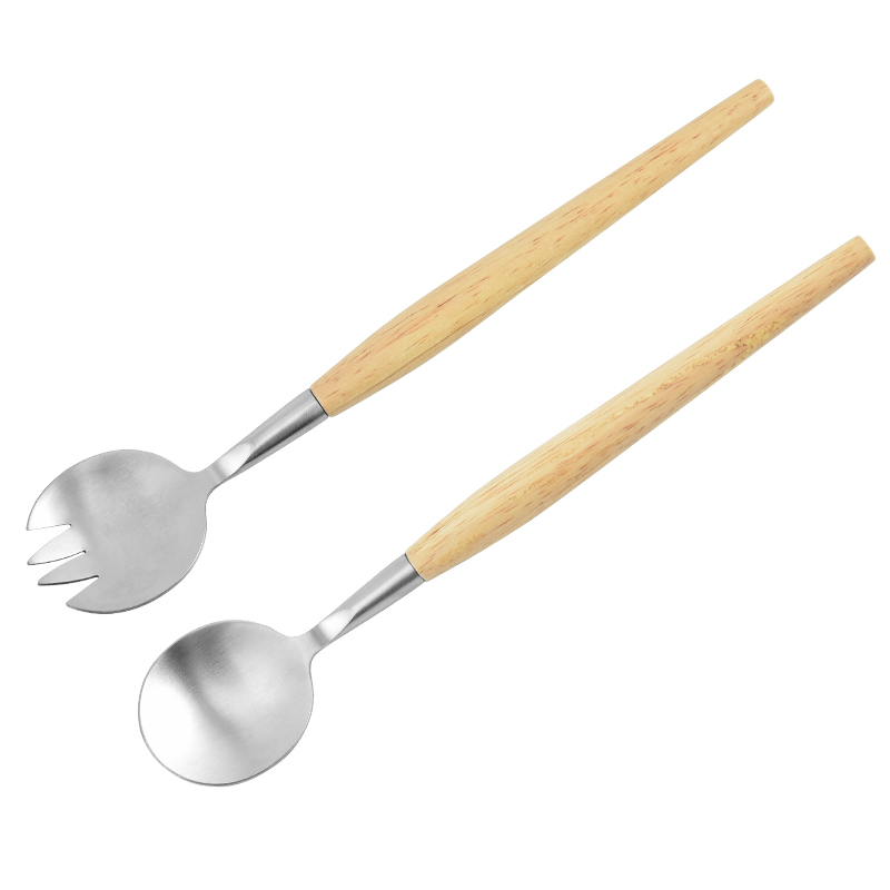 2PC-Pack Beech Wood Long Handle Salad Server Spoon Fork Matt Stainless Steel Tableware Salad Spoon F图5