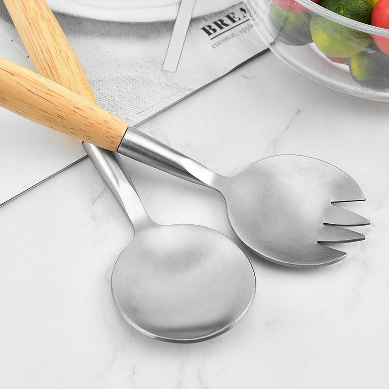 2PC-Pack Beech Wood Long Handle Salad Server Spoon Fork Matt Stainless Steel Tableware Salad Spoon F图3