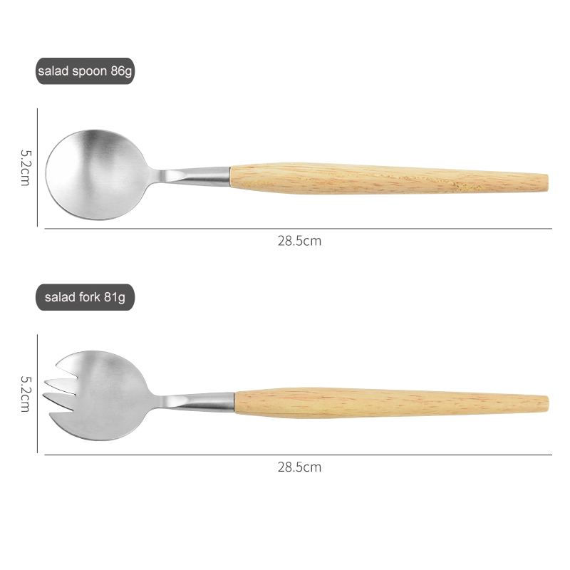 2PC-Pack Beech Wood Long Handle Salad Server Spoon Fork Matt Stainless Steel Tableware Salad Spoon F图4