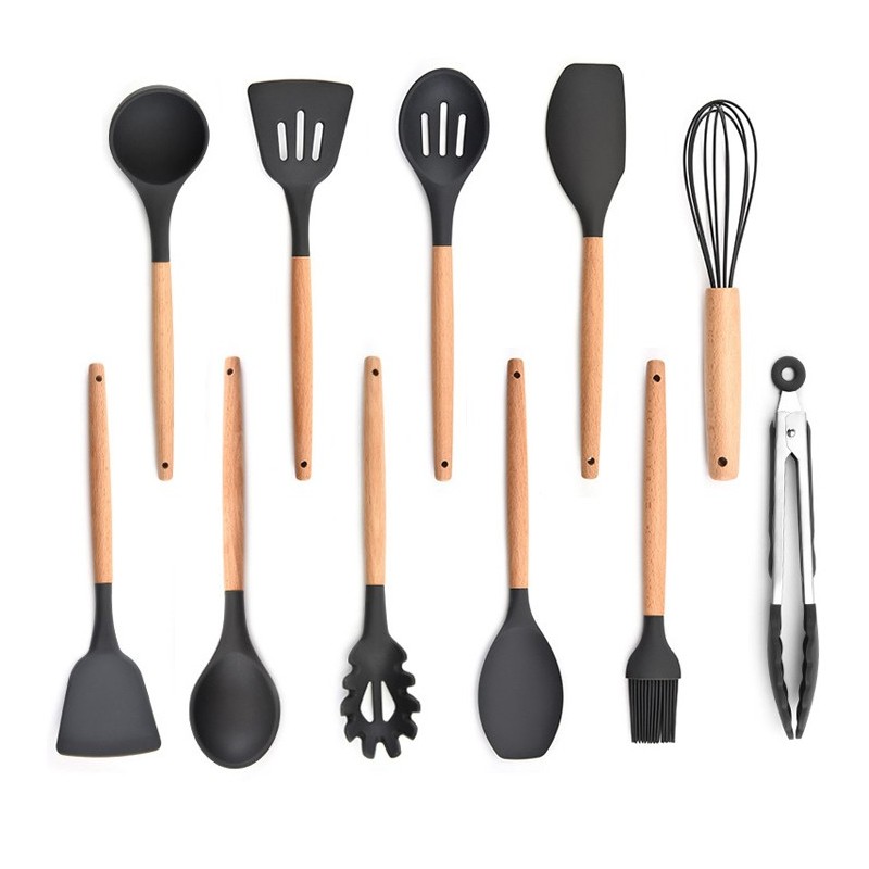 New product Ins style reusable silicone 12-piece kitchen utensil set with wooden handle with stand图3