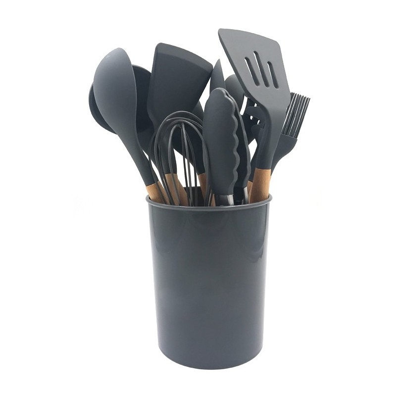 New product Ins style reusable silicone 12-piece kitchen utensil set with wooden handle with stand图5