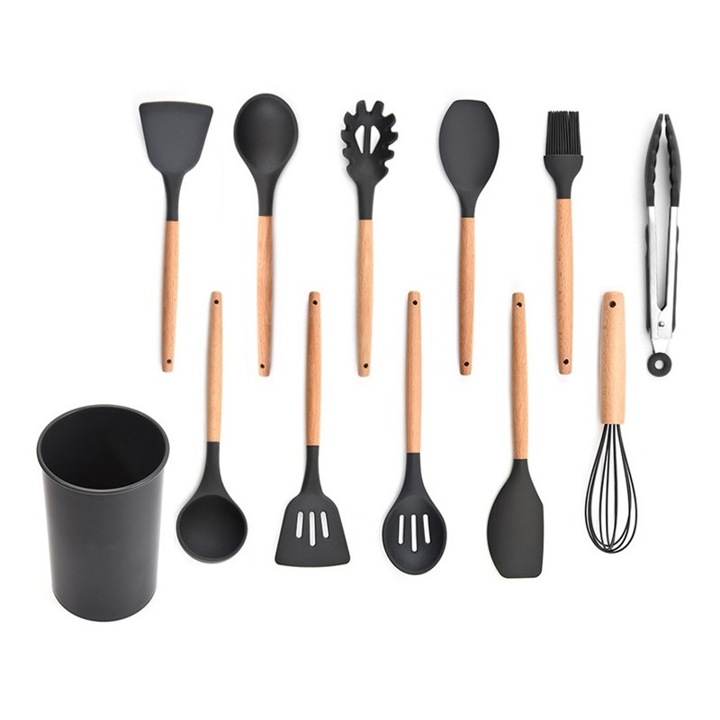 New product Ins style reusable silicone 12-piece kitchen utensil set with wooden handle with stand图7