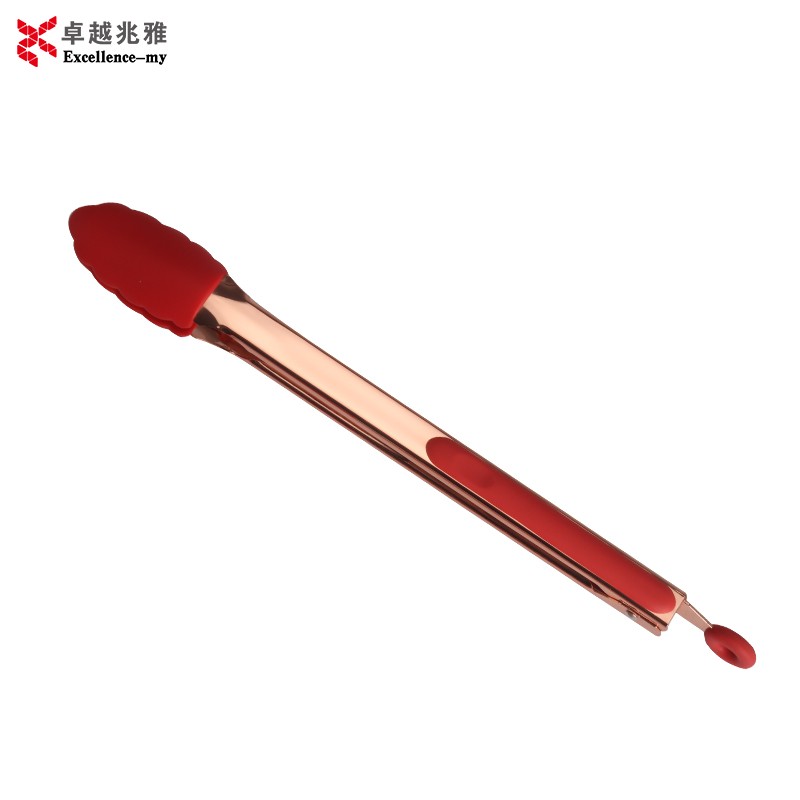 High Quality 12 Inch Stainless Steel Rose Gold Plating Silicone Kitchen Folder Serving Food Tong图2