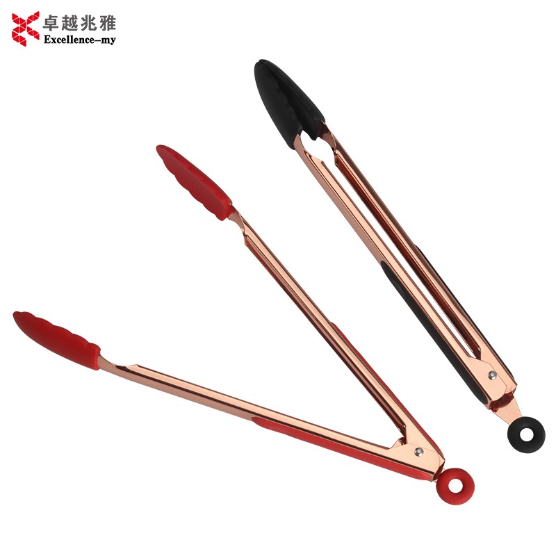 High Quality 12 Inch Stainless Steel Rose Gold Plating Silicone Kitchen Folder Serving Food Tong图3