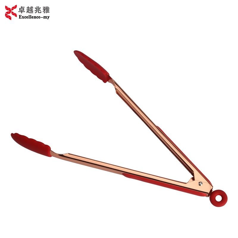 High Quality 12 Inch Stainless Steel Rose Gold Plating Silicone Kitchen Folder Serving Food Tong图6