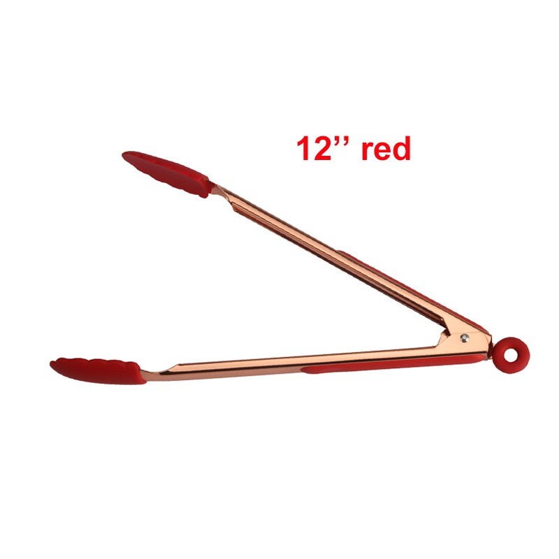 High Quality 12 Inch Stainless Steel Rose Gold Plating Silicone Kitchen Folder Serving Food Tong图8